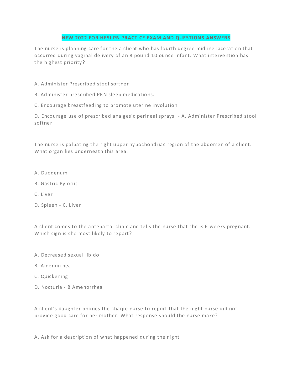 Preview of NEW 2022 FOR HESI PN PRACTICE EXAM AND QUESTIONS ANSWERS